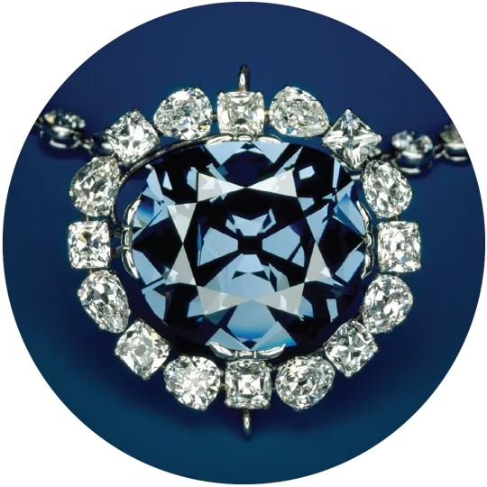 The Hope Diamond necklace, featuring a large blue diamond encircled by smaller white diamonds.	