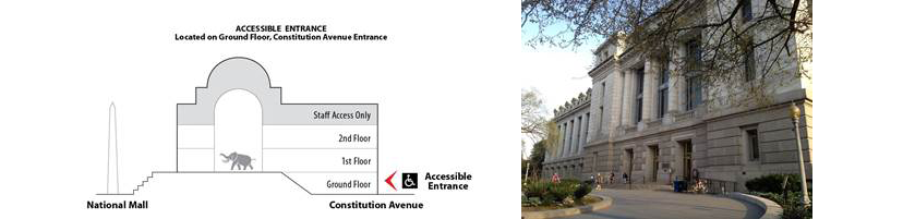 Diagram showing highlighting the accessible entrance on the ground floor, next to a photo of the entrance.