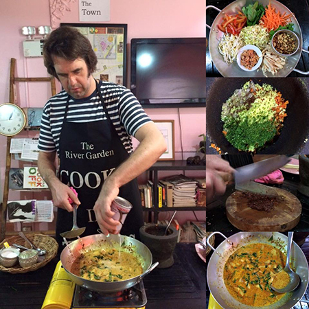 A man in an apron pouring a can of food into a skillet on a stove top. Also pictured are small images of dishes he’s made.