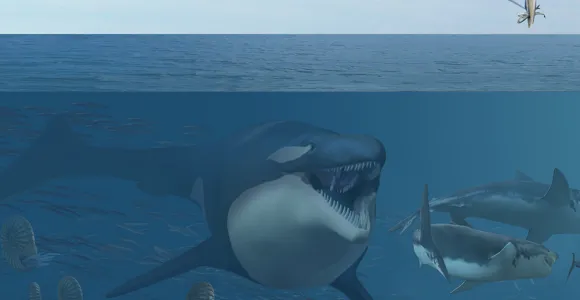 A mosasaur swims with sharks