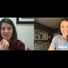 Paleontologist Laura Soul and host Maggy Benson talk during a Zoom video webinar
