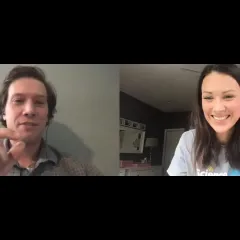 Paleontologist Scott Evans and host Maggy Benson talk during a Zoom video webinar
