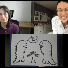 Fossil Preparator Michelle Pinsdorf and host Maggy Benson talk during a Zoom video webinar