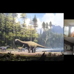 Presentation slide showing an illustration of large, four-legged dinosaurs in a forest, next to the faces of two women in separate video windows