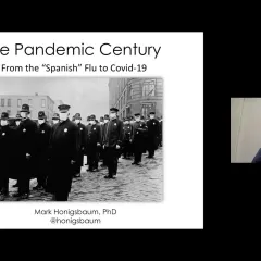 Two images: A slide reading, The Pandemic Century - from the Spanish flu to Covid 19; and an image of Mark Honigsbaum.