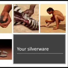 Four illustrations of early humans making stone tools and using them to butcher animals. Text reads, "Your silverware"