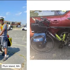 Screenshot image of bicyclist and ornithologist Scott Edwards with his bicycle 