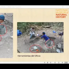 Archaeologist Maria Martinez explains a presentation slide on archaeological digs