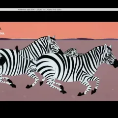 Illustration of a herd of zebras running.
