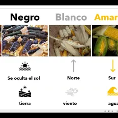 Timekeeper Nana Teresa alongside a slide showing the meaning of different varieties of corn