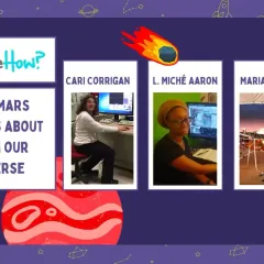 Presentation slide with photos of three scientists: Cari Corrigan, L. Miché Aaron, and Mariah Baker 