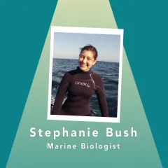 Stephanie Bush, marine biologist, in a wetsuit with the ocean behind her