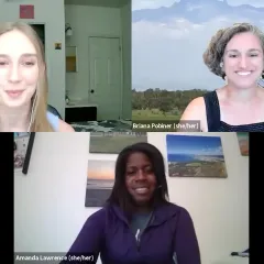 Video frame showing three people in a webinar: Laura Haynes, Amanda Lawrence, and Briana Pobiner