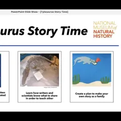Video screen with words Tylosaurus Story Time, with three illustrated boxes below it