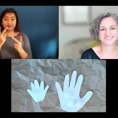 Three rectangular windows showing Briana Pobiner, a woman doing sign language, and a pair of paper cutout hands.