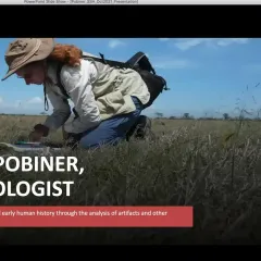 Text - Briana Pobiner, Archaeologist under an image of a woman in field work clothes kneeling in a grassy field looking at something