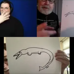 Video still with three images: A person holding up a drawing of a crocodile-like creature with a really long tail; a man with a beard standing next to an easel with a similar drawing on it; and a person signing in American Sign Language.