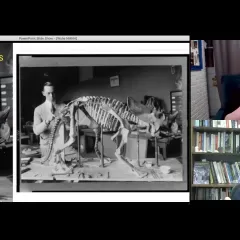 Video screenshot showing three images: A man putting together a small dinosaur skeleton on a table; a woman speaking sign language; and another woman in front of a full bookcase.