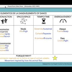 Screenshot of presentation slide showing the different elements of dance plus video of four presenters videos to the right of the slide
