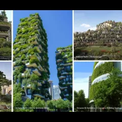 Montage of five images of buildings that have plants or trees growing on the sides, balconies, or roofs. 