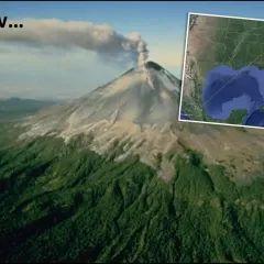 A volcano with an ash plume coming out of the top. An inset map shows the distance from Washington, D.C., to the volcano in Mexico.