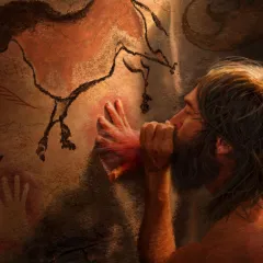 Color illustration of an ancient human making art on a cave wall