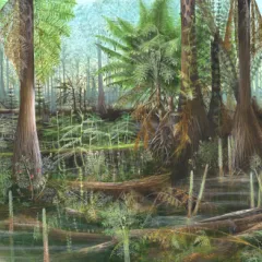 Painting of a swamp that has green colored ferns and plants. Foreground tree barks are brown, those in the distance are bare.