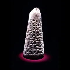 A gray, clay cone with cuneiform inscriptions covering most of it