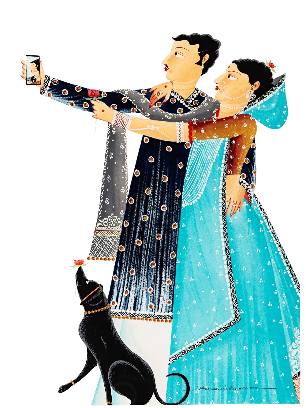 painted image of two people holding a phone taking a selfie in colorful garments with dog at bottom