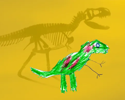 a T. rex drawing with a skeleton shadow