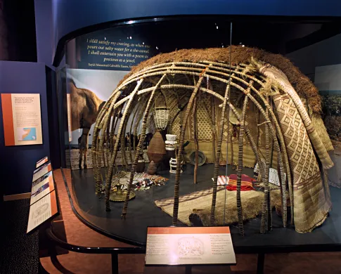 A portable home used in Somalia by herding communities in the African Voices exhibit.