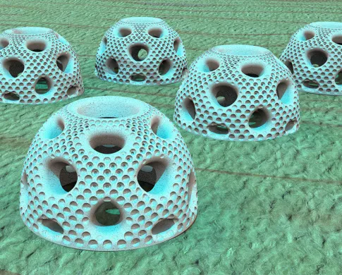 Computer graphics rendering of five domed structures on the seafloor. Each structure has a hole on the top and many holes evenly spaced in a geometric pattern on its sides.