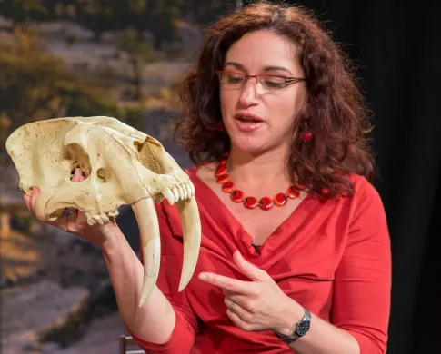 Briana holding the skull of a saber-toothed cat
