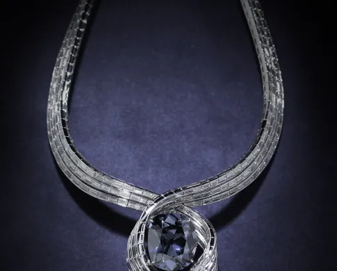 The Hope Diamond mounted in a platinum necklace with baguette-cut diamonds