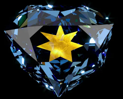 A heart-shaped blue diamond with seven-rayed yellow star in the middle
