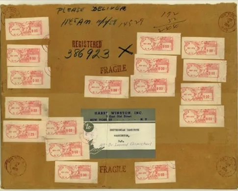 A plain brown package with many stamps