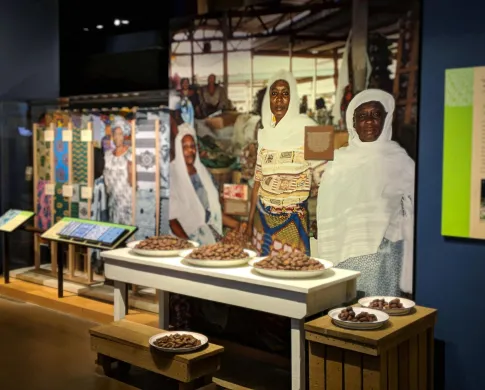 A recreation of a Ghanaian marketplace in the African Voices Exhibit