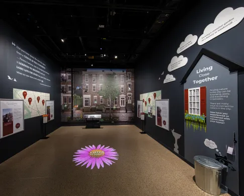image of the exhibit hall with a purple flower on the flower and city building painted on one wall