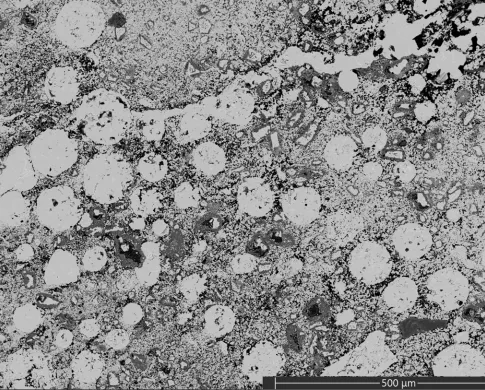 Backscattered electron image with light gray circles in a gray-black matrix