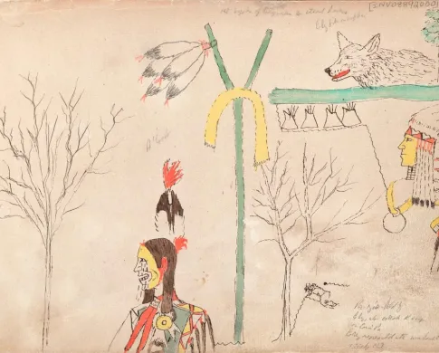 A hand drawing of two Indigenous people and a wolf 