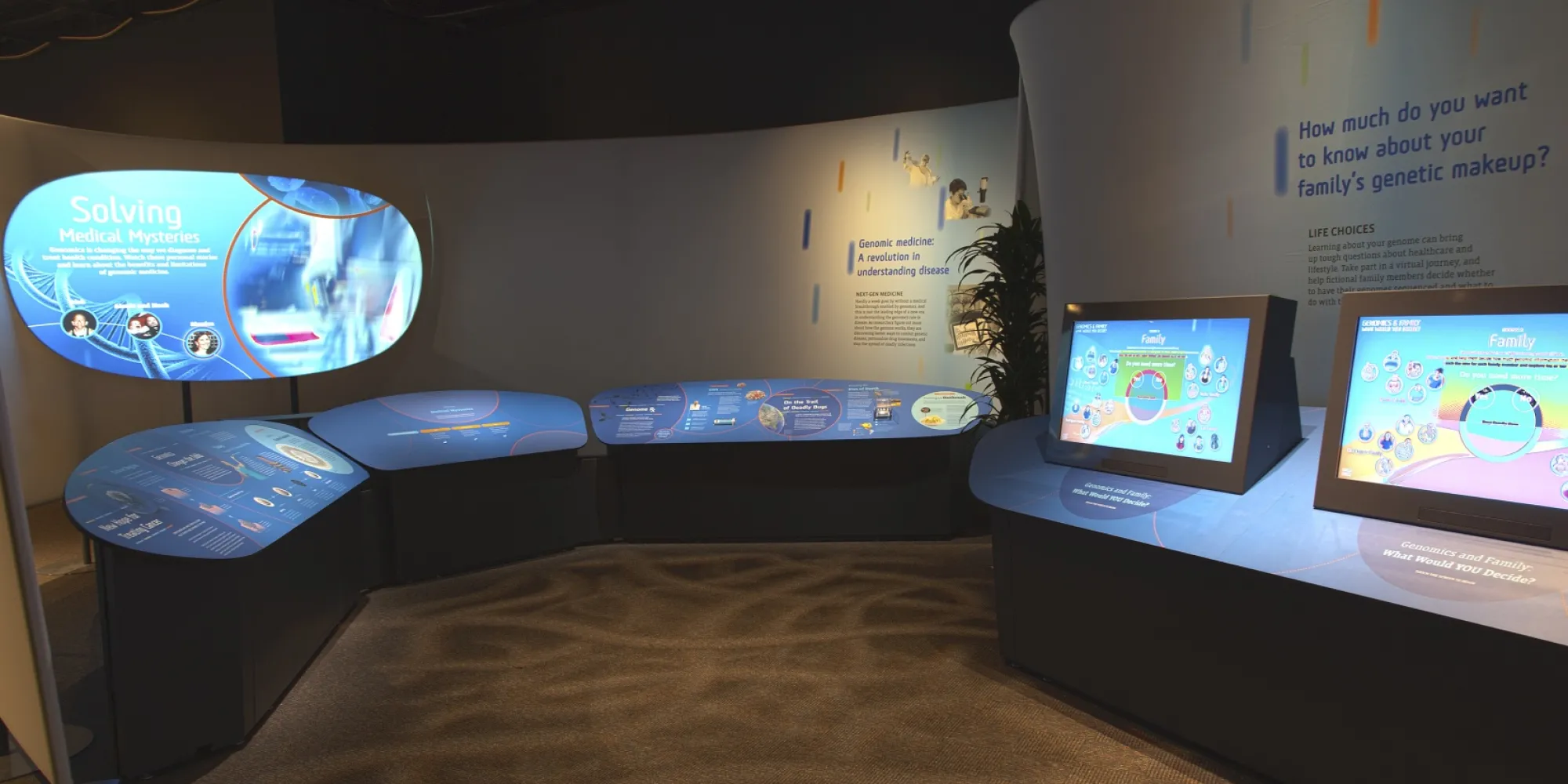exhibit gallery of Genome with blue reader raises and gray walls with colored drops 