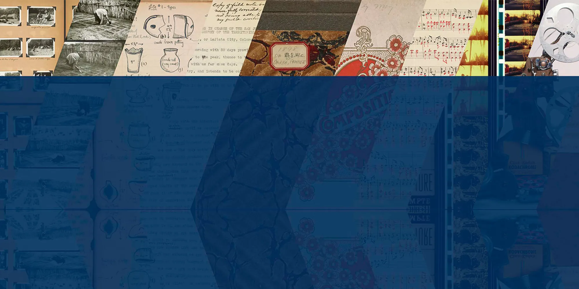 an array of archival materials in an arrow pattern with a blue strip at bottom