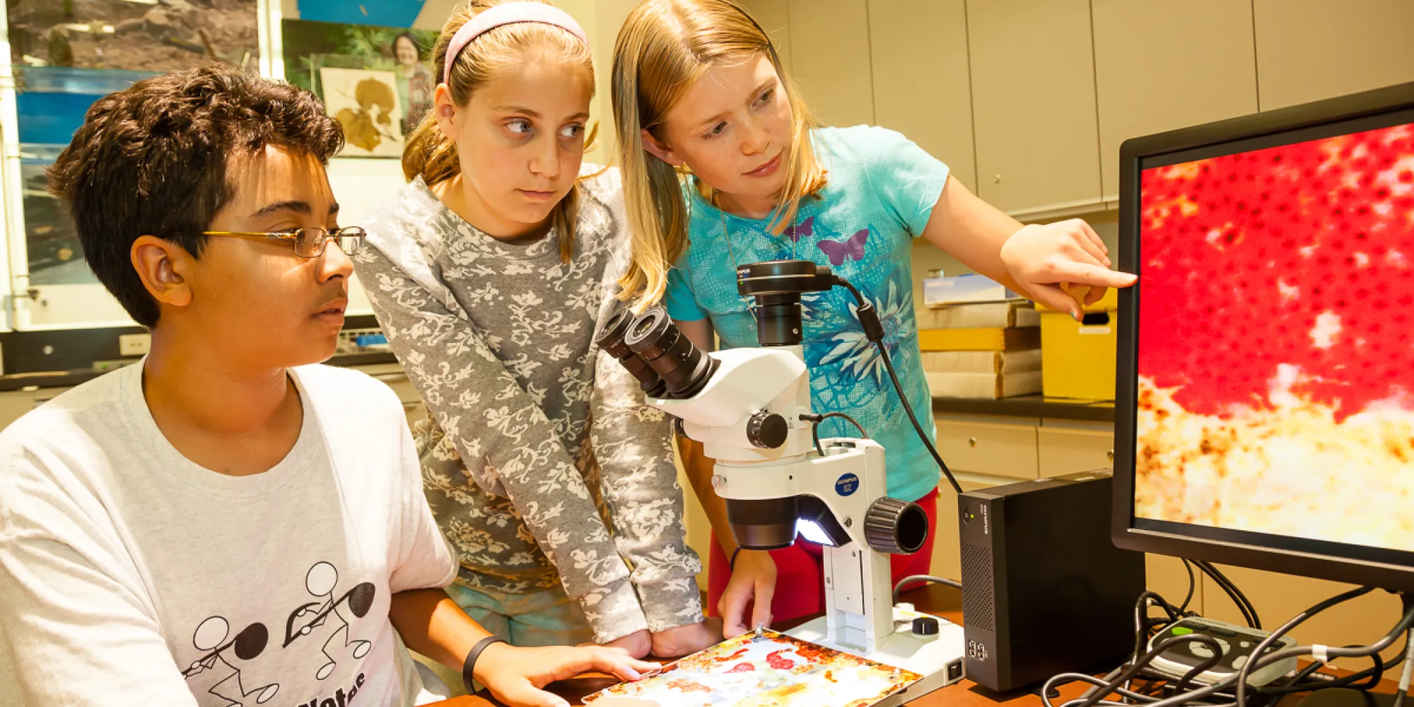 Three teenage students gathered by a microscope on a table, looking at an enlarged display on a monitor.