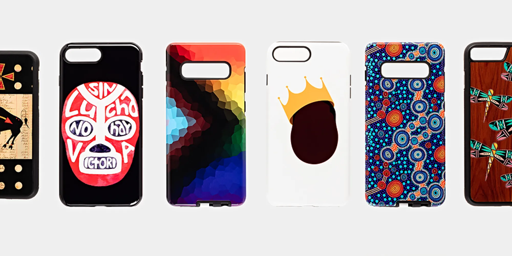 eight cellphone cases with various artwork on them