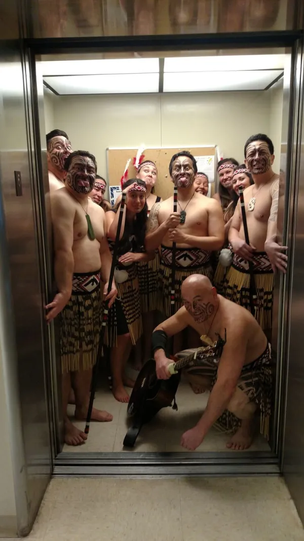 Te Tini A Maui in the elevator.