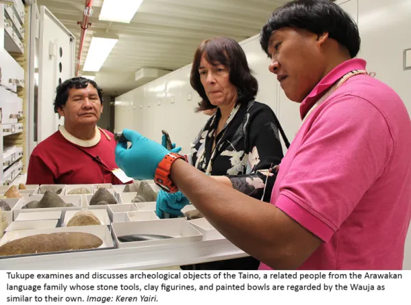 Three people examining archaeological tools.