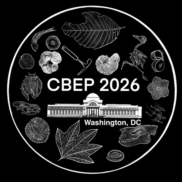 CBEP 2026, Washington, DC logo. White line drawings of the National Museum of Natural History and various fossils