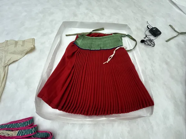 Red wool skirt with pleats; thick green satin trim around the waistband of the skirt with ties at the side.