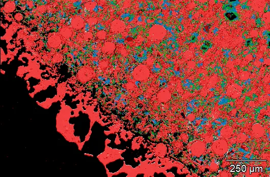 Red blebs with blue and green material between them