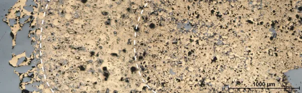 Reflected light image of yellow-gray material with black spots and gray pores